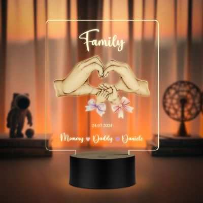 Personalized Family LED Night Light, Heart Hands Design, Customizable with Names and Date, Gift for Mom Dad Warm White Light